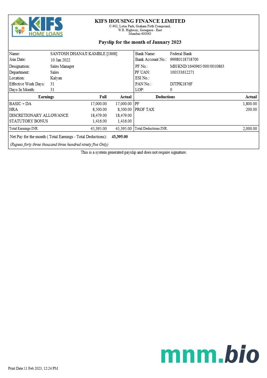 Szablon kifs Housing Finance payslip w formatach Word i PDF